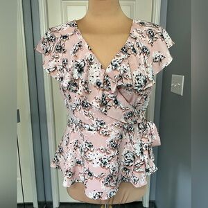 Collective Concepts Pink Floral Faux Wrap Peplum Y2K Cottagecore Top